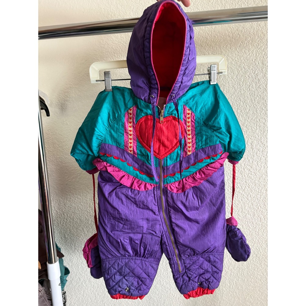 Vintage‎ Kids Purple Teal Heart Ruffle Hooded Snowsuit Bunting with Mittens 80s
